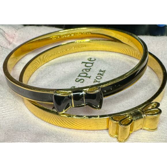 Kate Spade Pair of Take A Bow Bangles, Black And Gold with Dustbag - Picture 1 of 4